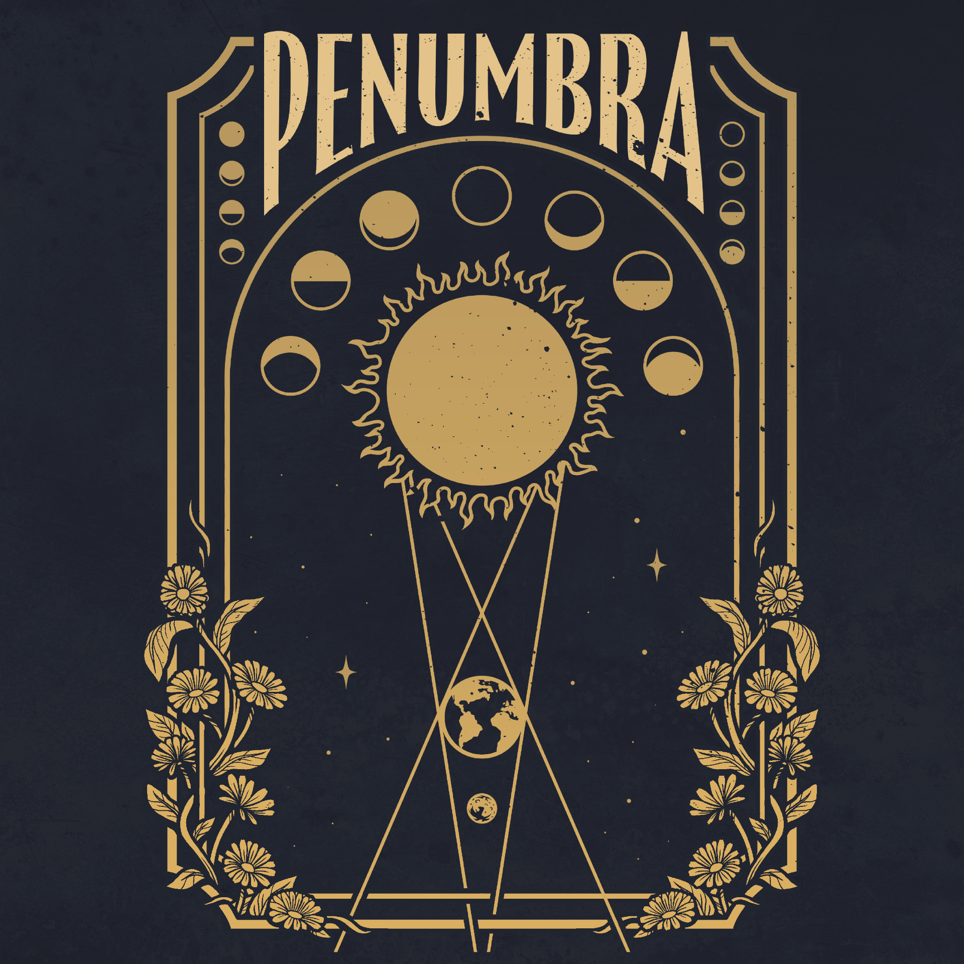 Penumbra tarot poster — gold on navy